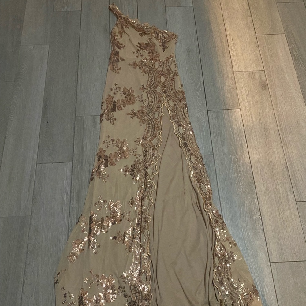 Stunner Boutique long rose gold/gold dress with sequin detailing